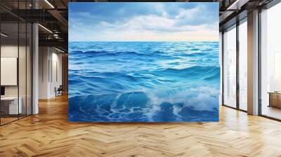 Blue water background with waves and ripples, horizon, blue sky and clouds. Panorama of blue clear ocean or sea water surface. Generative AI Wall mural