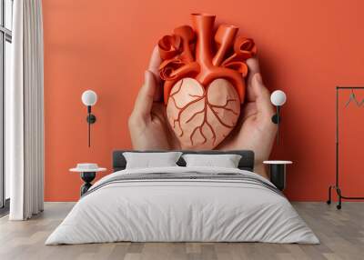 Concept on heart health theme on solid background. International cardiology day Wall mural