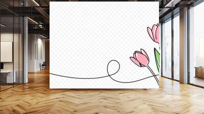 Continuous one line drawing of beautiful spring flowers vector design. Single line art illustration bouquet of pink tulips on transparent background Wall mural