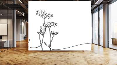 continuous one line drawing of beautiful wild flowers chamomile graphic design. single line art illu Wall mural