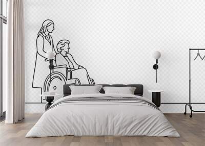 Continuous one line drawing of senior woman in wheelchair with female nurse vector design. Single line art illustration on transparent background Wall mural