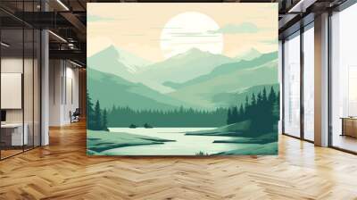 Flat illustration of a mountain landscape with silhouettes of mountains, hills, forest, sky and lake Wall mural