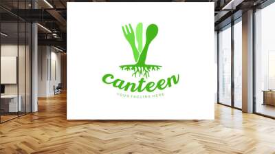 Food, fork, spoon, knife in the form of a plant with roots, logo design. Meal, canteen, catering and eatery, vector design and illustration Wall mural