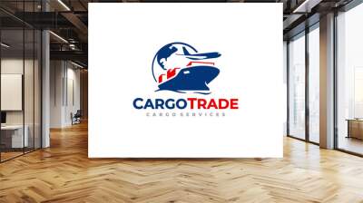 Global freight transportation logo design. International trade and logistic vector design. Sea and air cargo services logotype Wall mural