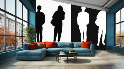 Man and woman standing in casual clothes black and white silhouette on transparent background Wall mural