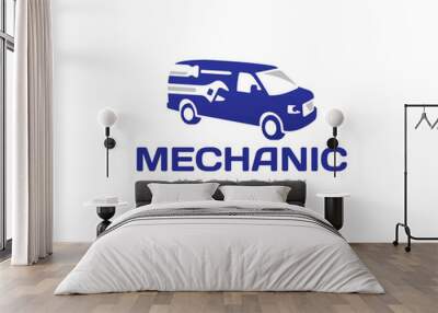 Mobile mechanic van logo design. Mechanic car service vector design. Workshop on wheels with tools logotype Wall mural