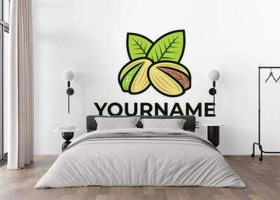 Pistachios nuts with green leaves, logo template. Pistachio seed with shell and leaf, vector design. Vegetarian and organic, natural food and nutrition, illustration Wall mural