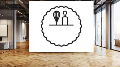 Round pastry emblem logo design with kitchen whisk and rolling pin. Utensils for preparing desserts in a round shape graphic design Wall mural