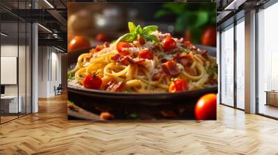 Spaghetti pasta with tomato sauce, tomatoes, mozzarella cheese and fresh basil in dark plate. Italian cuisine or food. Generative AI Wall mural