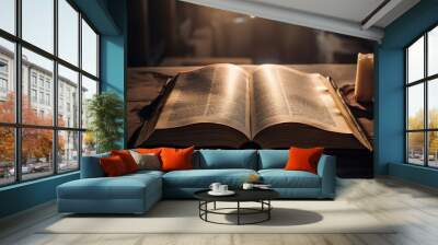 Open Christian book ,open bible with glowing lights, Generative AI Wall mural