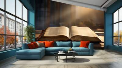 Open Christian book on a wooden table, open bible, Generative AI Wall mural