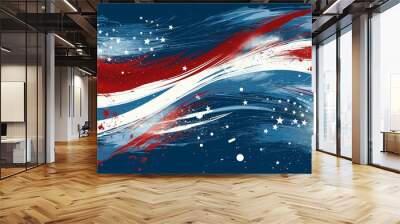 Abstract flowing waves in a harmonious blend of red, white, and blue, adorned with stars for a modern twist on the American flag. Wall mural