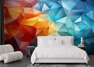 Closeup of a geometric wallpaper with triangular facets in blue orange and red creating a 3D effect Wall mural