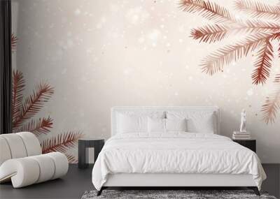 Elegant Christmas Background with Red Pine Branches and Falling Golden Snowflakes on Beige Wall mural