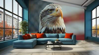 Majestic Bald Eagle Portrait with American Flag Background, Symbolizing Freedom and Strength, Patriotic Theme, Wildlife Photography for Independence Day and National Parks, Close-Up View Wall mural