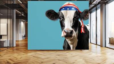 Patriotic Cow Portrait Against Blue Background With Headband Featuring Stars And Stripes, Celebrating American Independence Day Wall mural