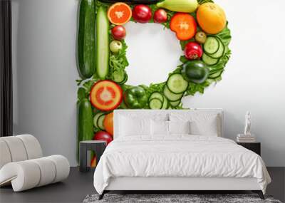 R letter out of vegetables and fruits isolated on white backgrou Wall mural