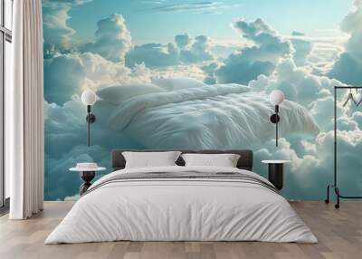 Serene bed with white linens among fluffy clouds, symbolizing peace and comfort. Dreamy and restful sleep concept. Design for bedding advertisement, wellness campaign. Wall mural