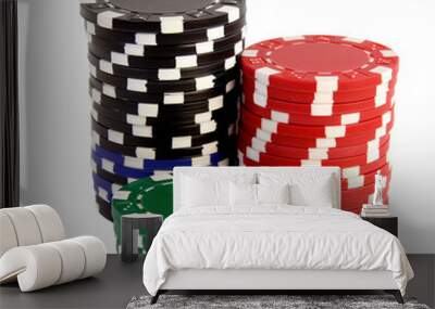 Stacked Poker Chips in Black, Red, and Green on Transparent Background, Casino Gambling Concept for Game Night, Strategic Play, and Holiday Fun Wall mural