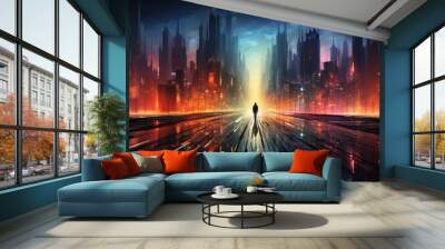 Urban Cyber technology Background a track in a cyberpunk futuristic city pictorial illustration Wall mural