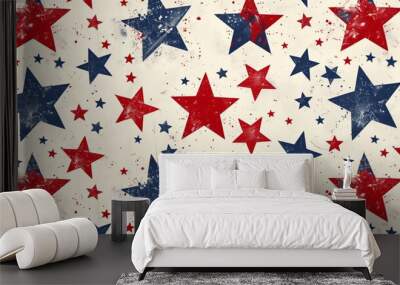 Vintage Distressed Stars Pattern in Red, Blue, and White for American Independence Day Theme. Wall mural