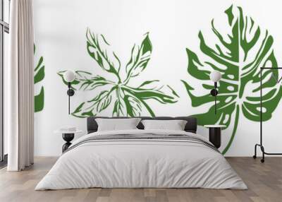 Abstract set of tropical leaves isolated on white background. Hand drawn illustration collection. Wall mural