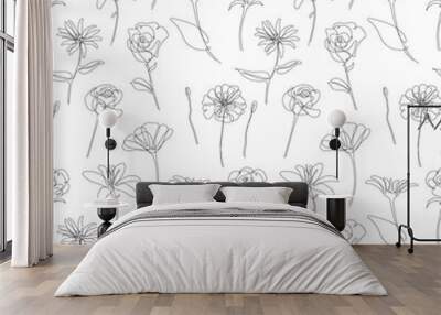 Seamless pattern with hand drawn flowers. Abstract floral background. Wall mural