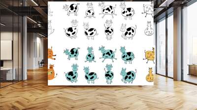 Set of cute doodle cartoon cows on white background. Animal illustration collection. Wall mural