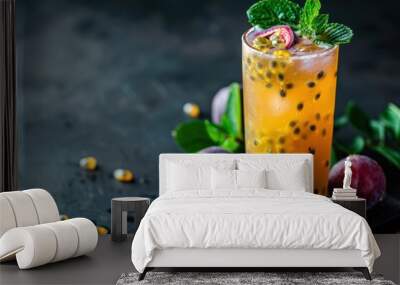 Passion fruit cocktail on dark background perfect for summer party Wall mural