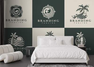 Elegant sunset beach palm logo design set Wall mural