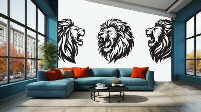 set of 3 lion head angry roaring logo vector silhouette, shows power and strenght Wall mural