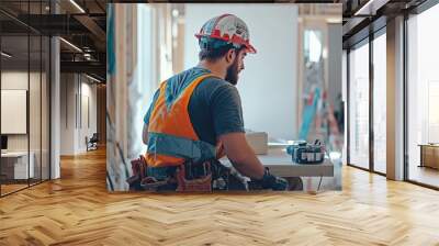 Construction Worker Taking a Break at a Worksite Wall mural