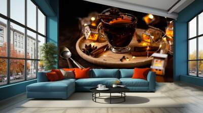 Christmas delicious hot mulled wine with orange, apple, cinnamon, clove, cardamom and anise on wooden plate. Brights lights create festive mood and cozy atmosphere. Dark wooden background Wall mural