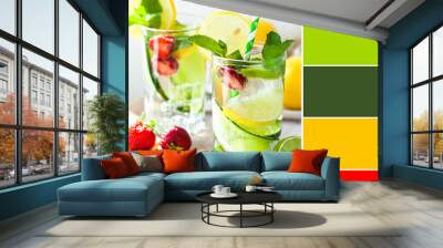 Design palette inspired by summer refreshing lemonade cocktail with strawberry and cucumber. Designer pack with photo and swatches. Harmonious trendy colour combination: green, yellow, red Wall mural