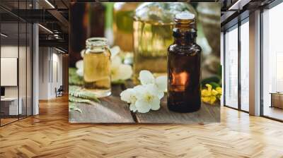 Herbal pure natural cosmetic ingredients on wooden background. Mix of holistic flowers and herbs, salt, massage herb-infused essential oil in glass bottles. Aromatherapy, fragrance production. Banner Wall mural