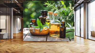 Herbal pure natural cosmetic ingredients on wooden background. Mix of holistic flowers and herbs, salt, massage herb-infused essential oil in glass bottles. Aromatherapy, fragrance production Wall mural