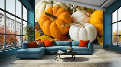 Idea for a beautiful autumn setting for thanksgiving family dinner or wedding. Orange pumpkin as decor. Cozy fall home atmosphere. Banner copy space for text Wall mural