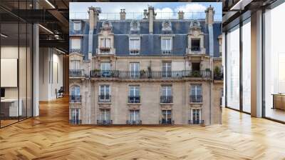 Paris House with chimney and windows. Haussmann epoque, beautiful balconies, traditional french building Wall mural