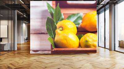 Ripe yellow lemons with leaves in wooden box. Ingredients for refreshing summer beverage - homemade lemonade. Close up, macro view. Wooden rustic background. Copy space for your text. Tonned Wall mural