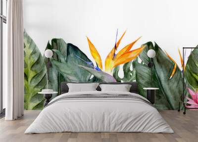 Set of watercolor tropical leaves, hand-drawn illustration of exotic floral elements isolated on white background. Leaf of palm trees and flowers, vivid jungle foliage. Greeting card, wedding, banner. Wall mural