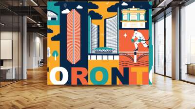 Typography word Toronto branding technology concept. Collection of flat vector web icons. Canadian culture travel set, architectures, specialties detailed silhouette. Doodle American famous landmark Wall mural