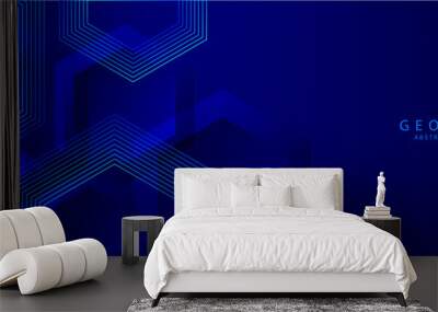 Dark blue abstract background with hexagon shapes and geometric lines shiny blue gradient color Wall mural