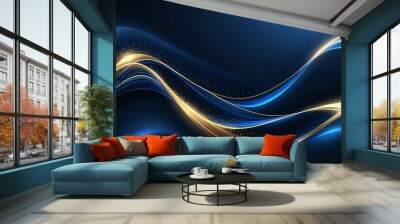 Dark blue luxury background with shiny gold wave lines Wall mural