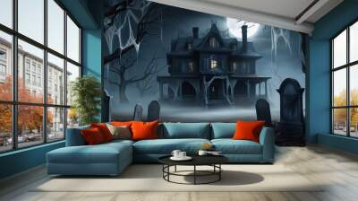 The incredibly beautiful high resolution 4K image features a spooky Halloween themed wallpaper background with buildings and cemeteries set in a dark and moody setting Wall mural