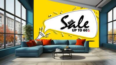 promotion banner template 60% discount with conversation bubble and loudspeaker illustration. yellow background Wall mural