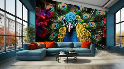 A photo detailed and captivating portrait of a regal peacock displaying its magnificent plumage, AI Generative Wall mural