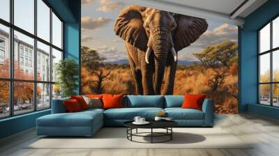 a portrait magnificent elephant in the African savannah, AI Generative Wall mural