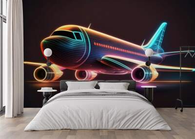 futuristic airplane with sleek lines and colorful lights, set against a dark, abstract background, abstract neon design of a glowing, AI Generative Wall mural