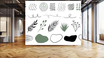 Hand drawn plants, organic shapes, dots, lines. Vector set of minimal trendy abstract natural elements for graphic design Wall mural