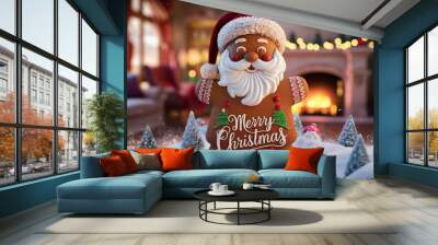 A cinematic, 3D rendered portrait photograph of a gingerbread Santa Claus standing tall in a festive holiday scene Wall mural